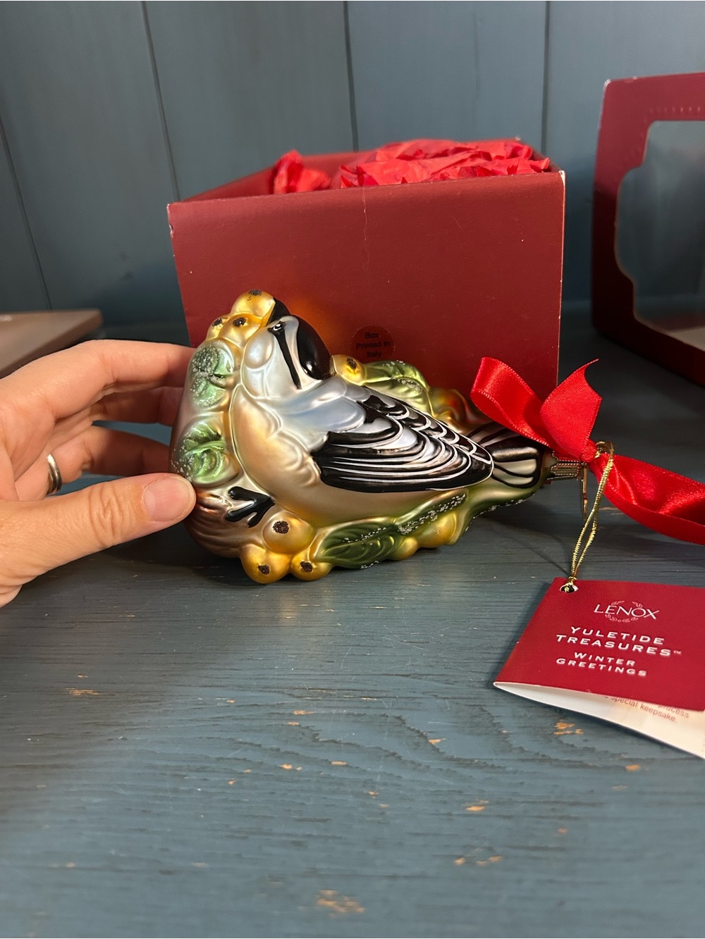Lenox Red Ribbon Multicolor Glass Bird Ornament - Winter Greetings